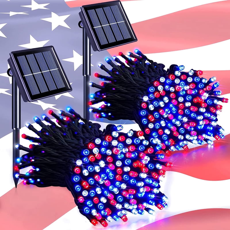 Red White and Blue Solar Lights 200LED 75.5ft Patriot String Lights, 8 Modes, Waterproof