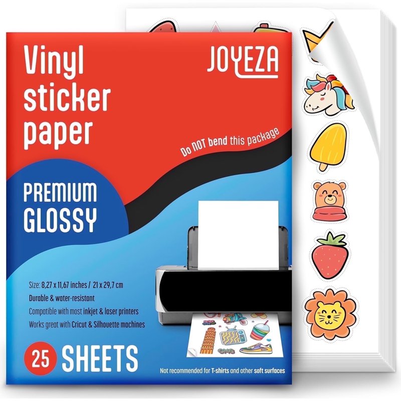 Printable Vinyl Sticker Paper Glossy White 25 Sheets for Inkjet & Laser Printers