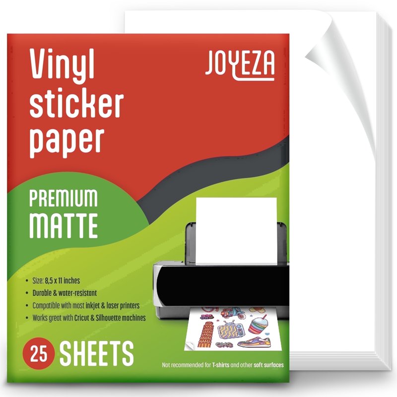 Printable Vinyl Sticker Paper for Inkjet & Laser Printers - White, 8.5x11 Inches, Pack of 25 Sheets