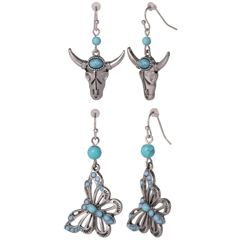 Jessica Simpson Women's Faux Turquoise Bull & Butterfly Dangle Drop Earrings Set - 2 Pairs