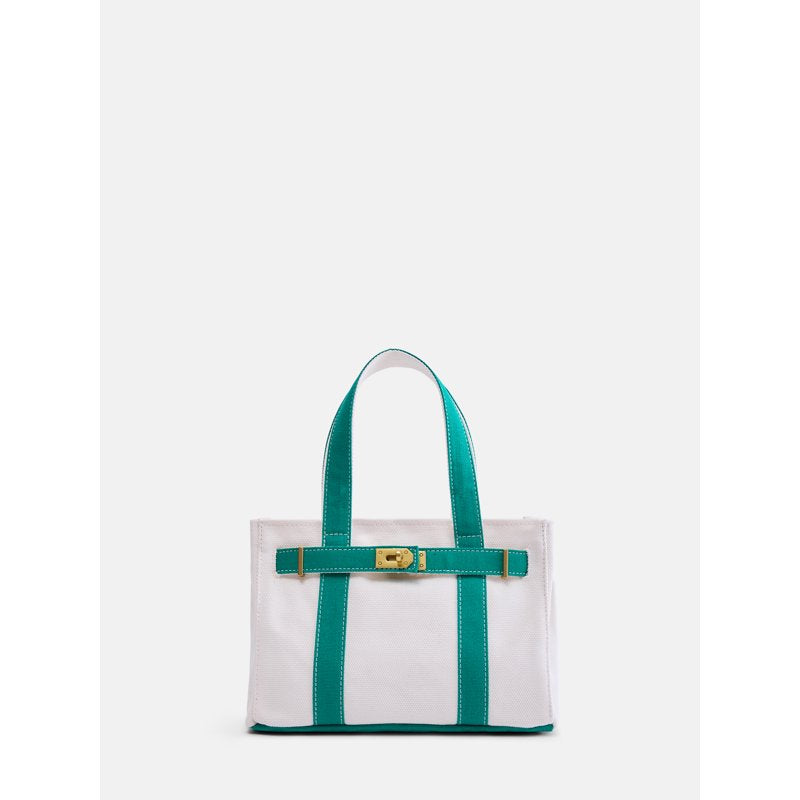 Women's Small Canvas Tote Handbag with Front Buckle - Natural & Green