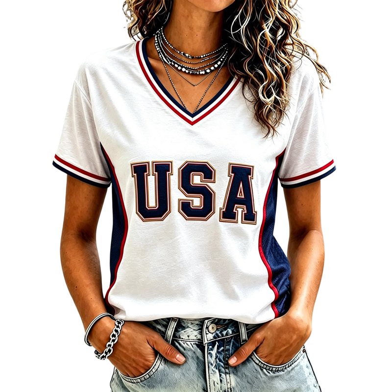 USA Soccer Jersey for Women Complexion S - V-Neck Red White Blue Patriotic Tee