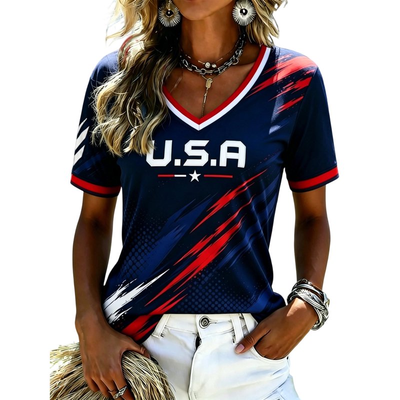 USA Soccer Jersey for Women - V Neck Graphic Tee, Red White Blue Dark Blue XL