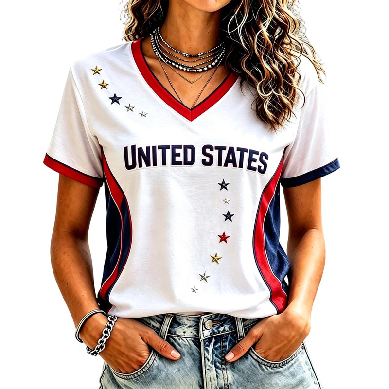 USA Soccer Jersey for Women Vermilion XL - V Neck Patriotic Graphic Tee