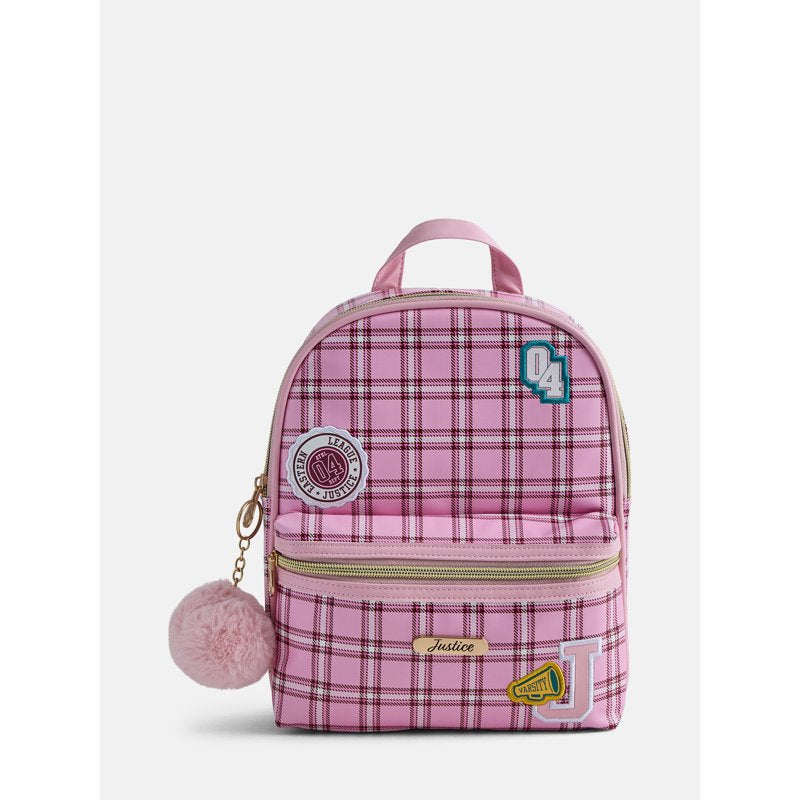 Girls Mini Backpack with Plaid Pattern and Adjustable Straps - Pink, Purple, Silver Options