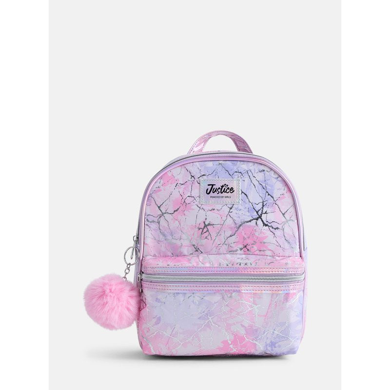 Girls Mini Backpack with Allover Prints & Adjustable Straps - Pink, Purple, Silver, Plaid Variants