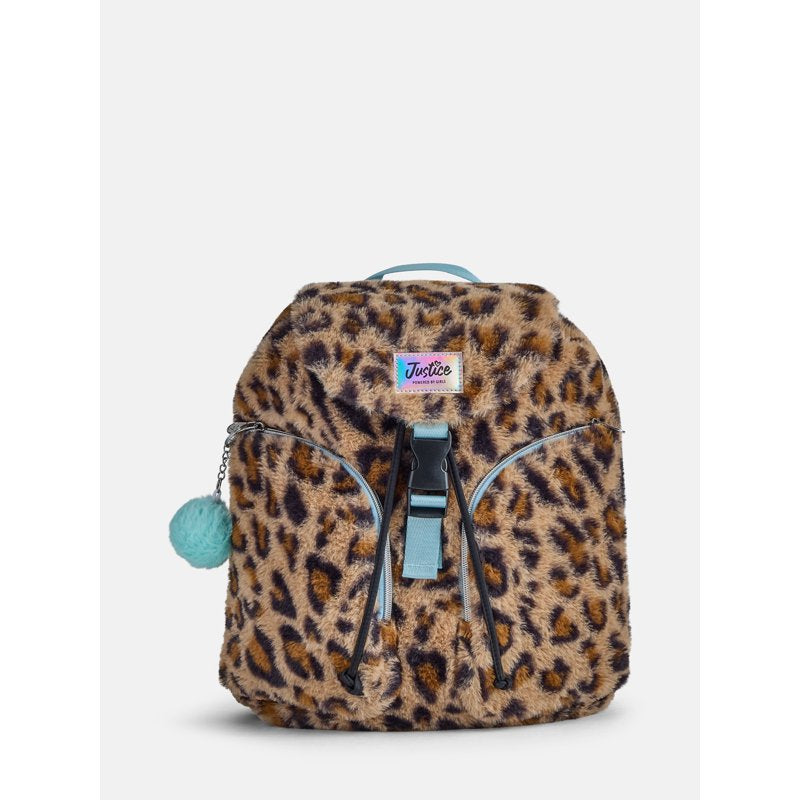 Girls Faux Fur Rucksack Backpack with Leopard Print, Adjustable Straps