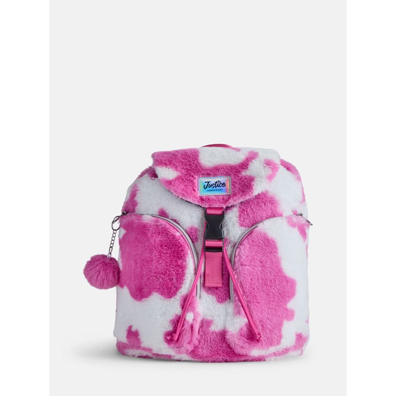 Girls Faux Fur Rucksack Backpack with Cow & Leopard Prints - Pink & Multi Colors
