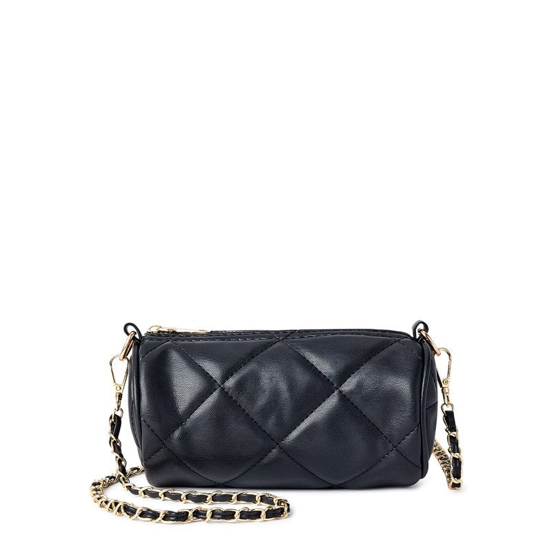 Small Quilted Faux Leather Barrel Bag with Gold Chain Strap - Black