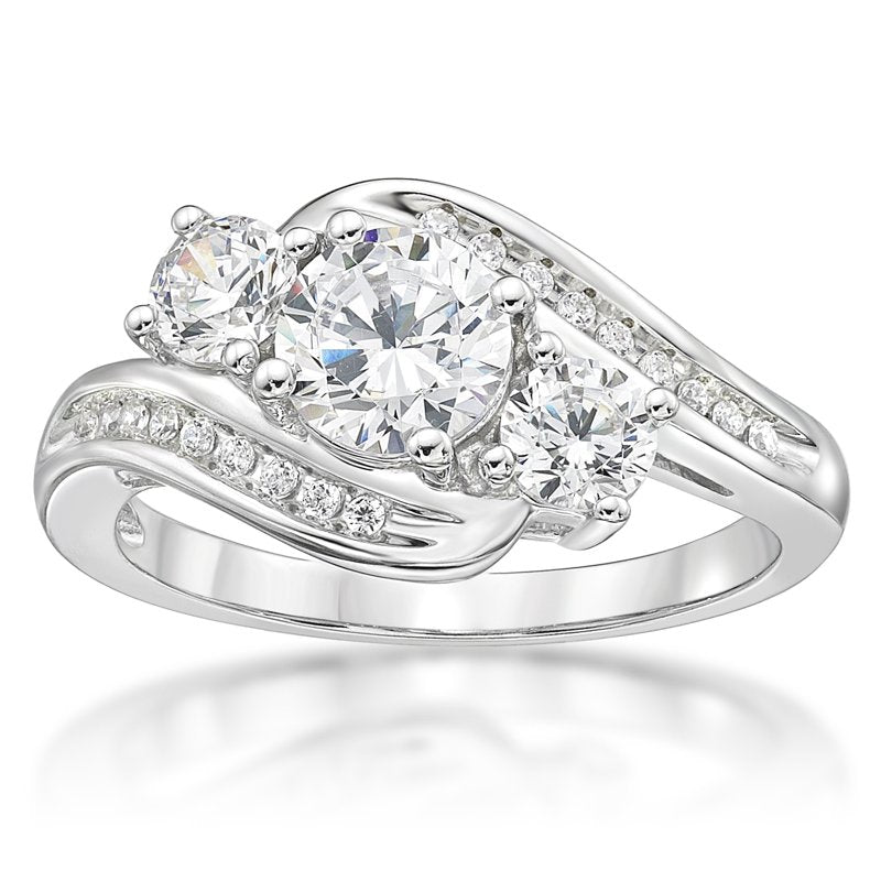 Sterling Silver 3 Stone Bypass Ring with Simulated White Diamonds - Elegant Jewelry Gift