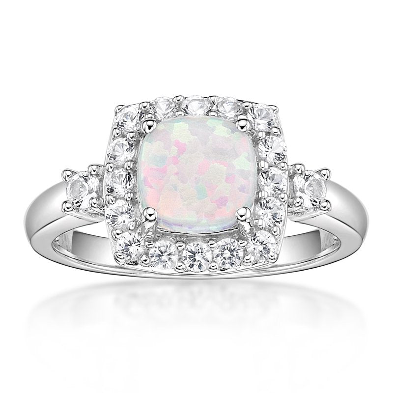 Sterling Silver Opal & White Sapphire Ring - Hypoallergenic, Gift Boxed, Size 5