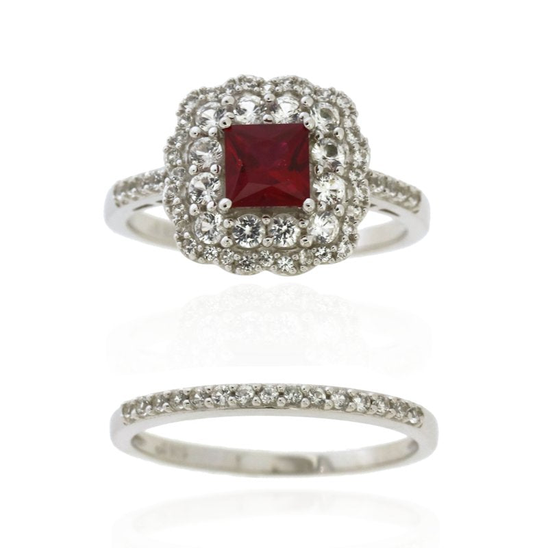 Sterling Silver Created Ruby and White Sapphire Ring - Unisex Jewelry