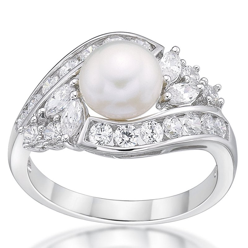 Sterling Silver Pearl Ring with Cubic Zirconia Accent - Hypoallergenic Jewelry