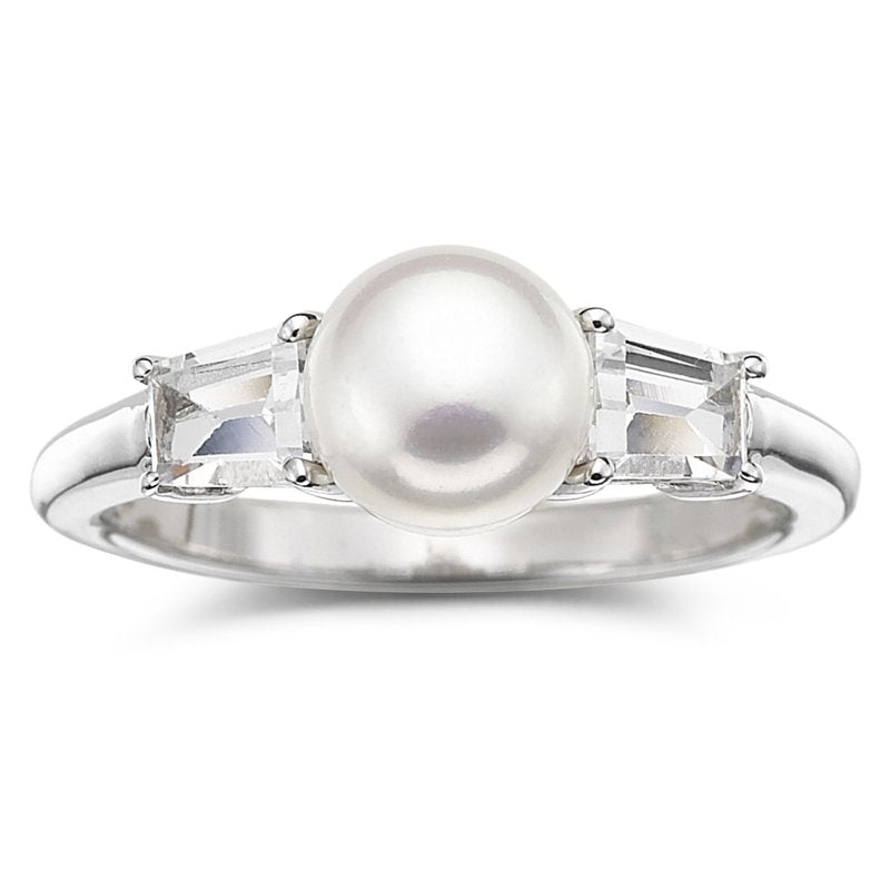 Sterling Silver Pearl and White Sapphire Ring - Hypoallergenic Jewelry