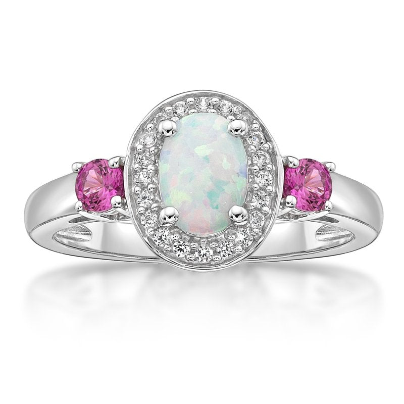 Sterling Silver Oval Lab Created Opal Ring with Pink & White Sapphires