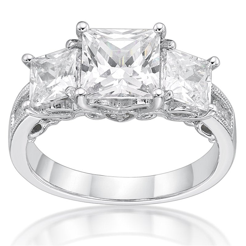 Sterling Silver Three Stone Ring with Simulated White Diamonds - Adjustable Sizes