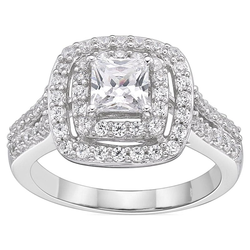 Sterling Silver Simulated White Diamond Double Halo Ring - Elegant Jewelry Gift