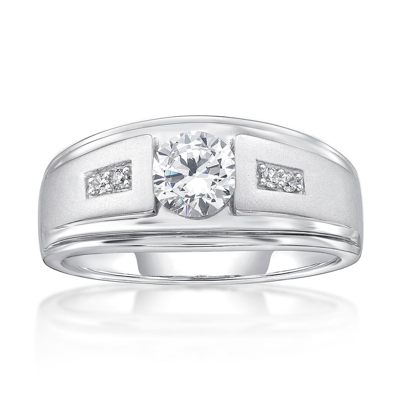 Men's Sterling Silver Ring with Simulated White Diamonds - Classic Design