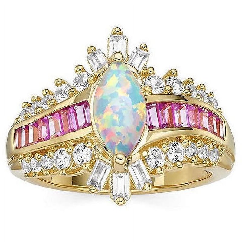Sterling Silver Marquise Ring with 14K Gold Plated Opal & Sapphires, Hypoallergenic, Multiple Sizes