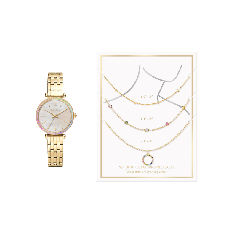 Women's Gold Tone Bracelet Watch & 3-Piece Layered Necklace Set - Elegant Jewelry Gift