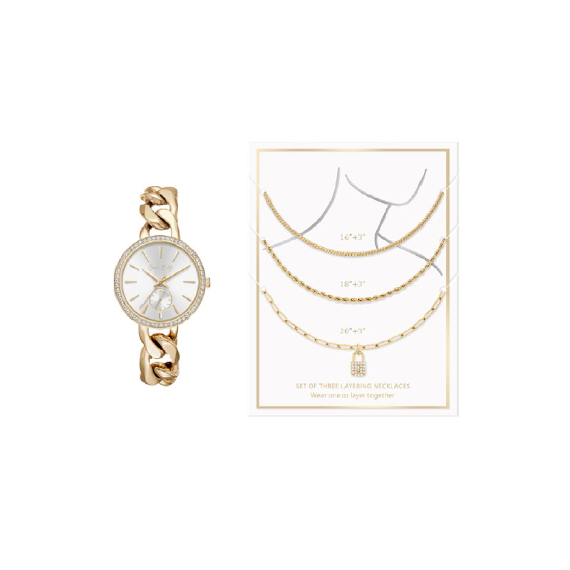 Women's Gold Tone Bracelet Watch & 3 Piece Layered Necklace Set – Elegant Jewelry Gift
