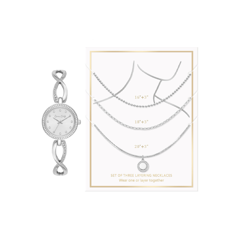 Women's Silver Tone Bracelet Watch & 3 Piece Necklace Set - Elegant Jewelry Gift