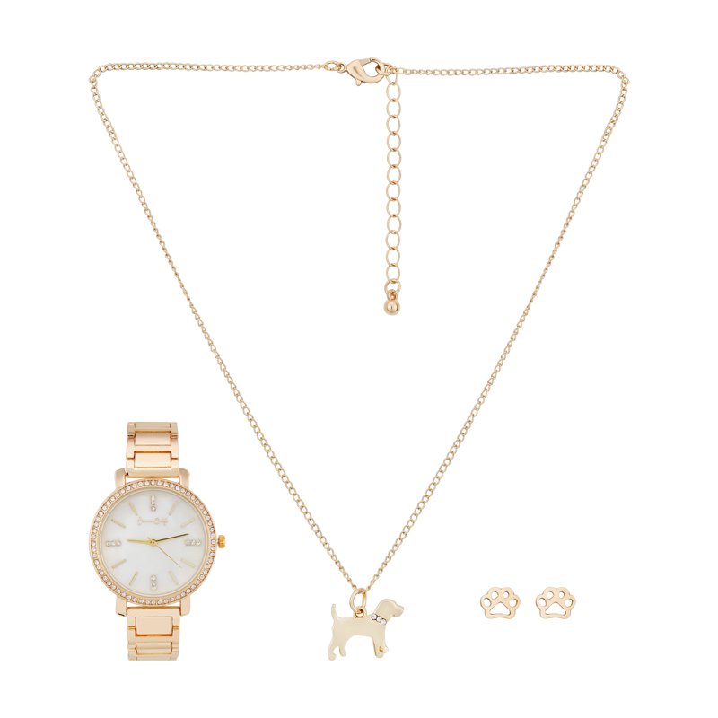 Ladies Gold Metal Strap Analog Watch with Necklace & Earrings Set - Holiday 2022