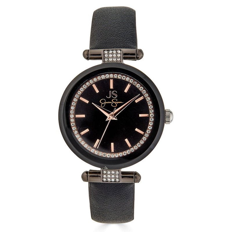 Women's Crystal Accent Watch with Gunmetal Tone Bezel and Black Strap - Elegant Ladies Timepiece