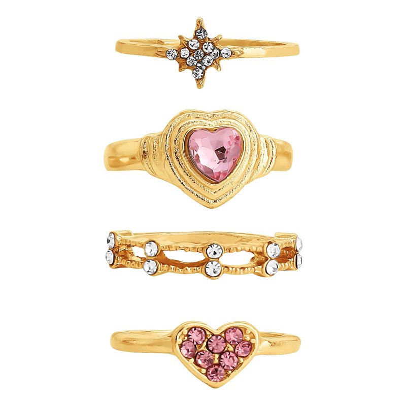 Gold-Tone Heart Rhinestone Ring Set for Women - 5 Pieces, Sizes 5-9
