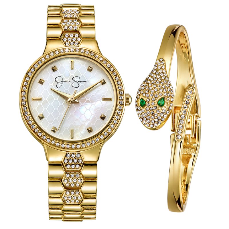 Ladies Crystal Accent Mother of Pearl Dial Bracelet Watch & Snake Bangle Set