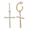 Women's Drop Hoop Earrings with Rhinestone Cross Pendant - Gold Tone