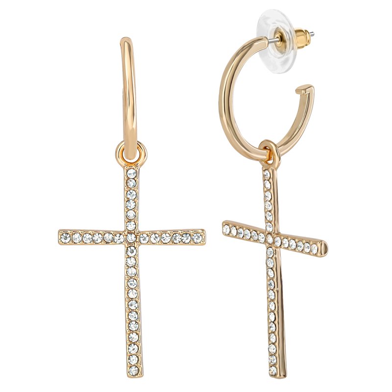 Women's Drop Hoop Earrings with Rhinestone Cross Pendant - Gold Tone