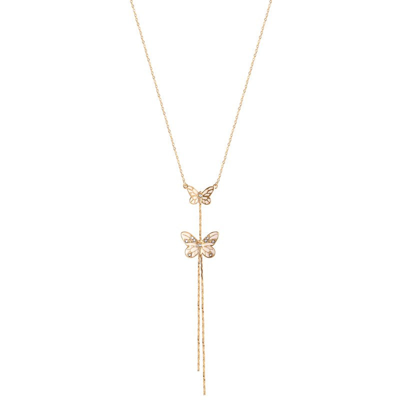 Women's Gold-Tone Butterfly Fringe Y Necklace with Rhinestones