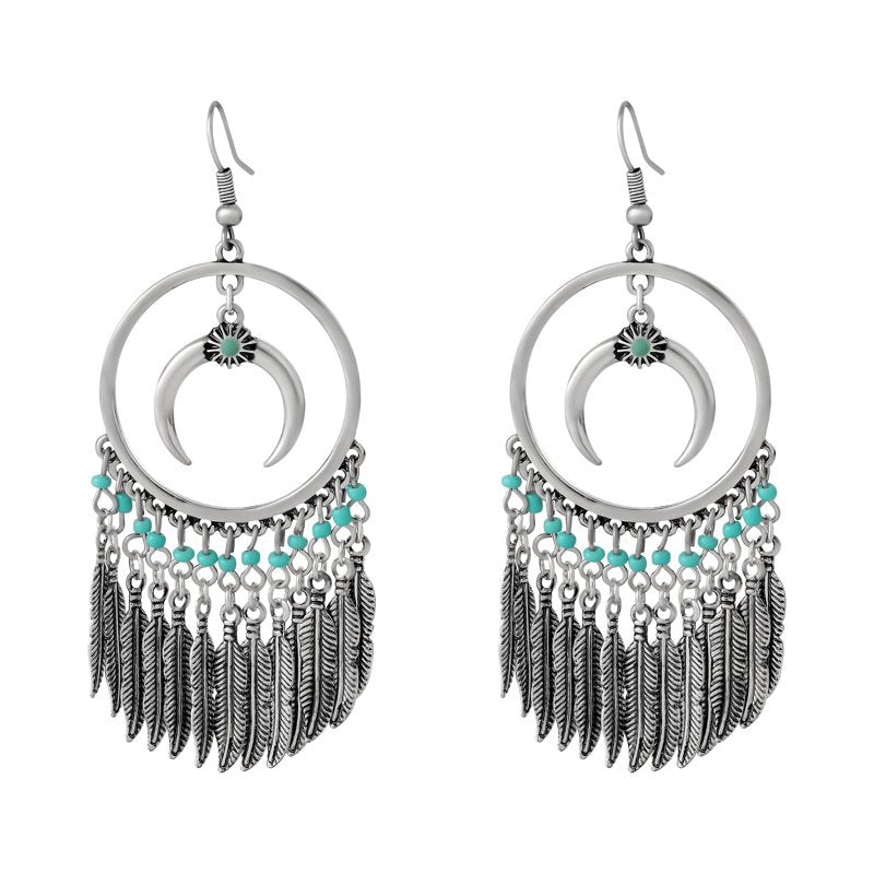 Women's Faux Turquoise Circle Feather Earrings - Boho Statement Jewelry