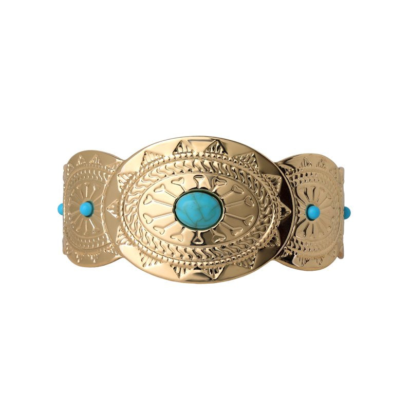 Women’s Gold-Tone Faux Turquoise Cuff Bracelet with Engraved Western Design