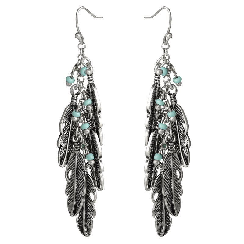 Women’s Feather and Faux Turquoise Dangle Earrings - Boho Style Jewelry