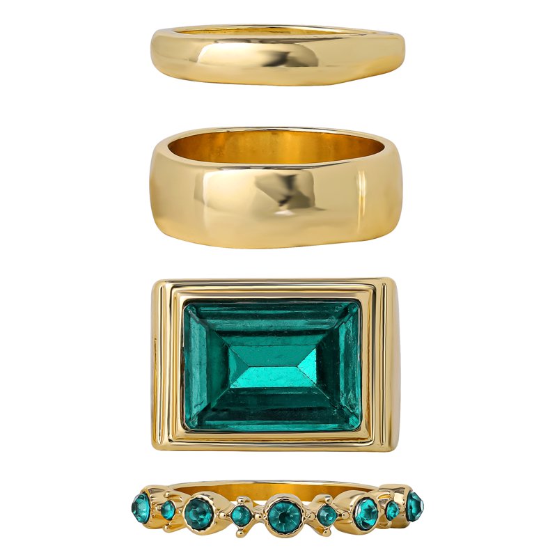 Jessica Simpson Women's 4-Pack Gold-Tone Stackable Ring Set with Emerald Stone