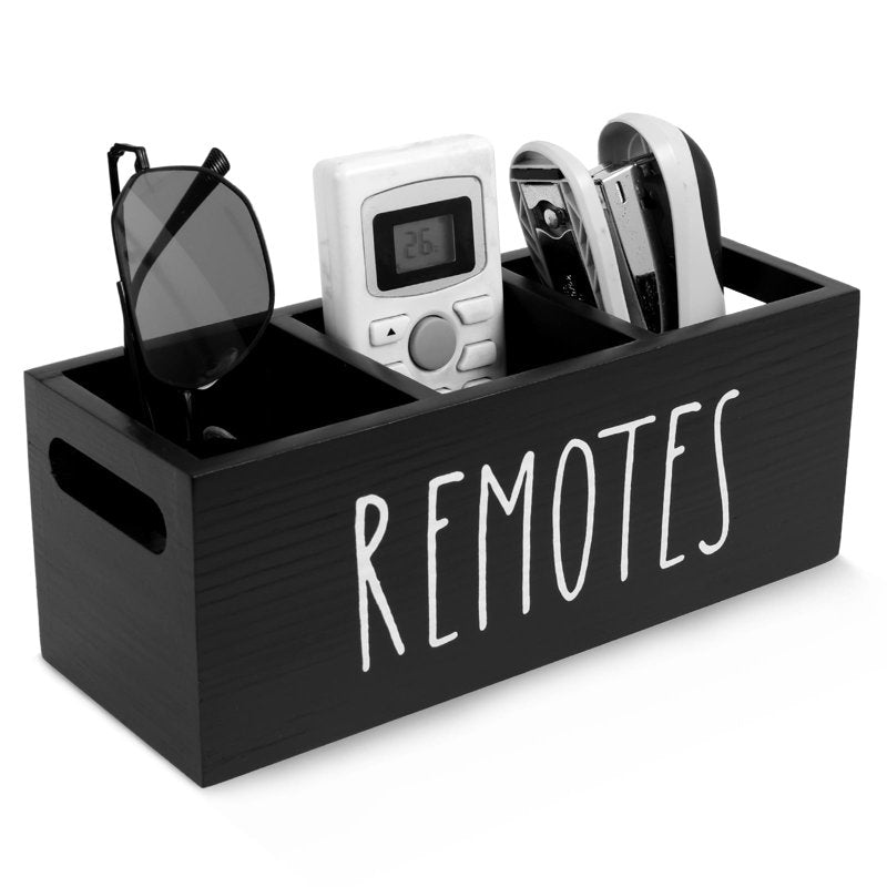Wooden Remote Control Holder with 3 Compartments for Living Room Nightstand