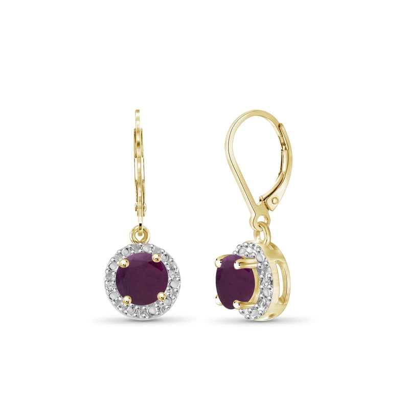 14K Gold-Plated Silver Ruby Drop Earrings - Hypoallergenic, Round Cut, Lever Backs, 1.35 CTW