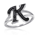 Black Diamond Initial Letter Ring for Women - Sterling Silver Monogram Jewelry