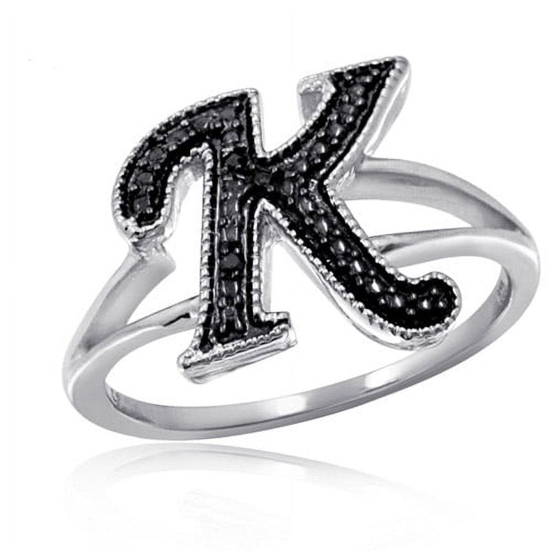 Black Diamond Initial Letter Ring for Women - Sterling Silver Monogram Jewelry