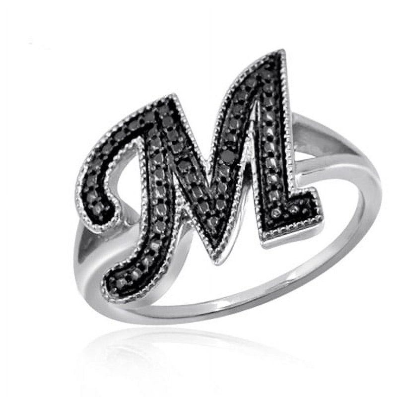 Black Diamond Initial Letter Ring - Custom Sterling Silver Monogram Jewelry for Women