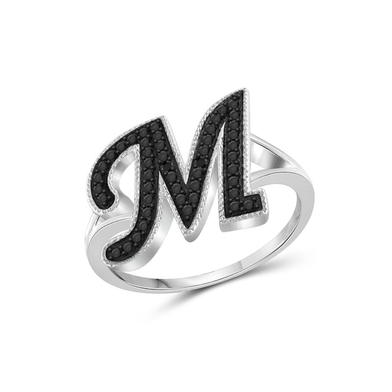Black Diamond Initial Letter Ring - Custom Sterling Silver Monogram Jewelry for Women