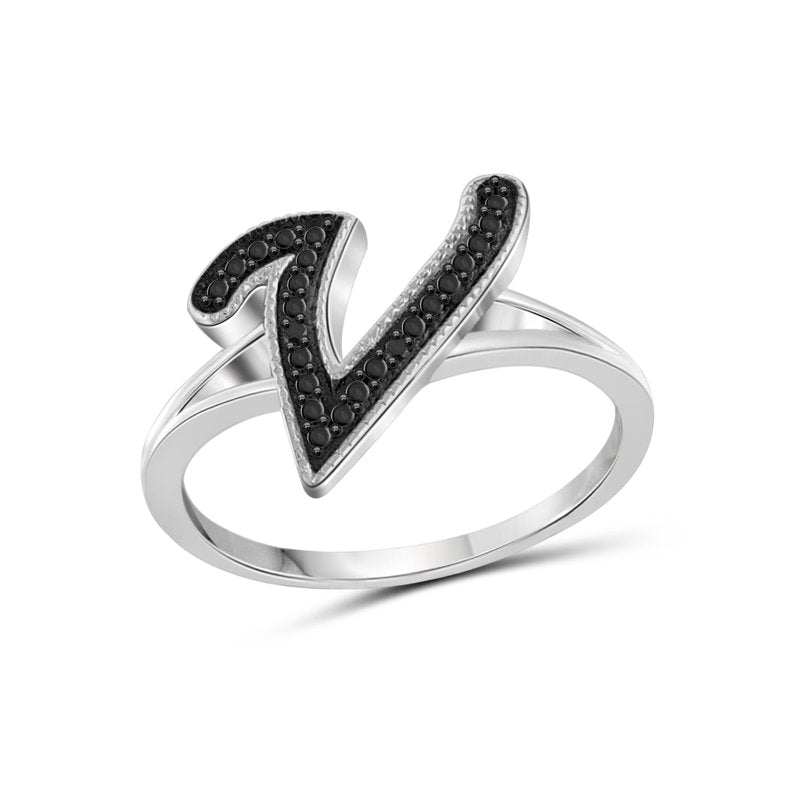 Personalized Black Diamond Initial Letter Ring - Sterling Silver Monogram Jewelry for Women