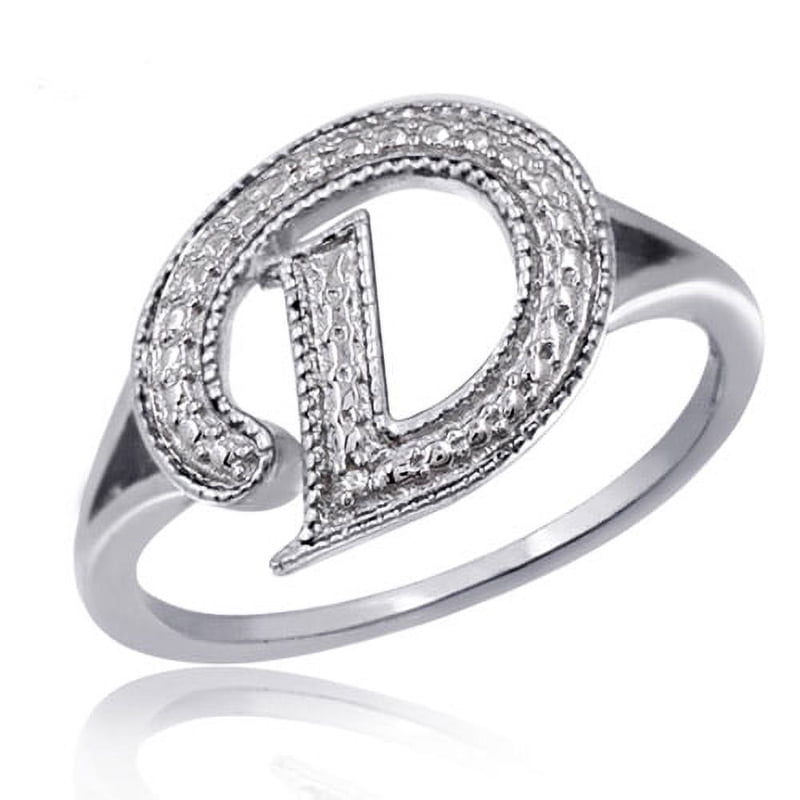 Initial Letter Ring with White Diamonds - Sterling Silver Monogram Jewelry for Women