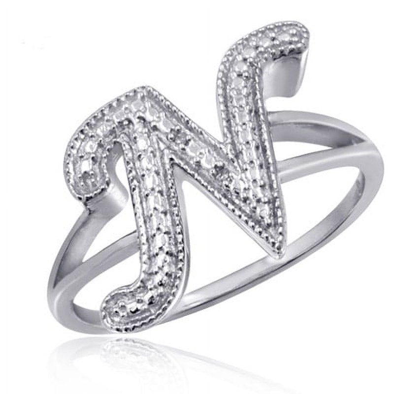 Initial Letter Ring with White Diamonds - Sterling Silver Monogram Jewelry for Women