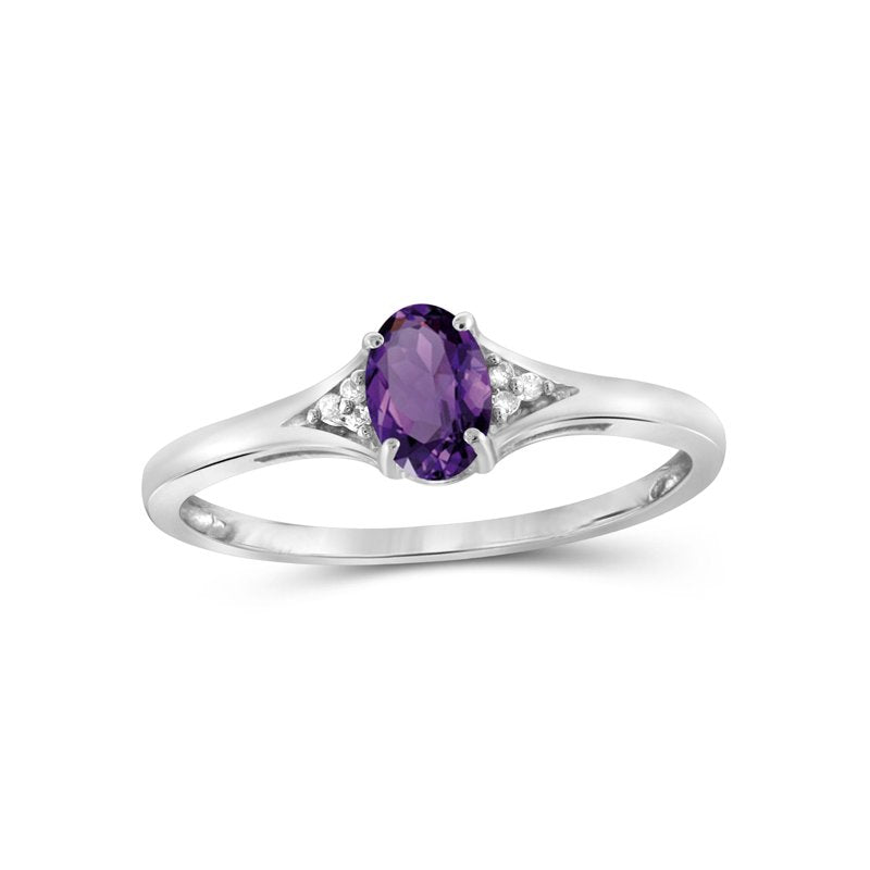 Amethyst Gemstone Ring with White Diamond Accents - Sterling Silver Birthstone Jewelry for Women