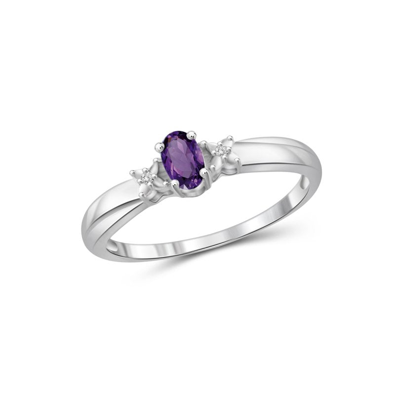 Sterling Silver Amethyst Ring with White Diamonds - Birthstone Jewelry for Women, Size 7
