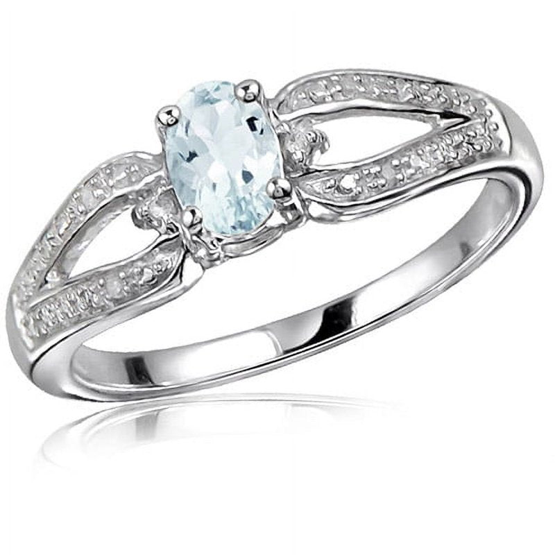 Sterling Silver Aquamarine Birthstone Ring with White Diamonds - Dainty Elegant Jewelry