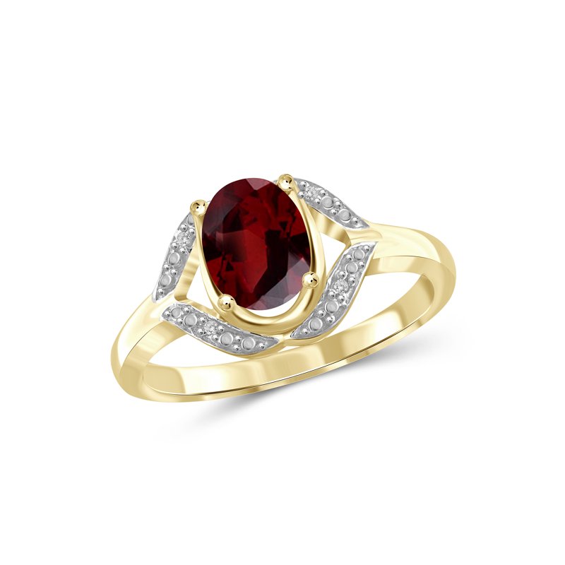 Garnet Birthstone Ring 1.50 Carat Oval Gemstone with White Diamond Accents - 14K Gold Plated Silver, Hypoallergenic, Size 8